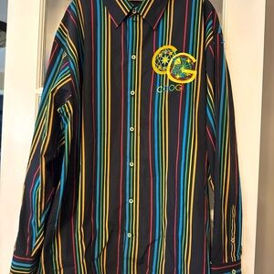COOGI VTG Y2K Shirt Men's Button Embroidered Rainbow Multicolor Stripe Black 3XL